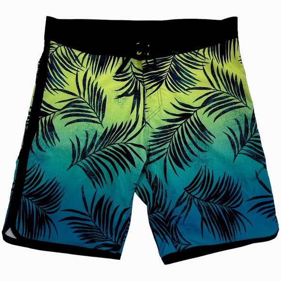 Burnside Men's Board Shorts Surf Swim Cyan Blue Casual Tropical Print Size 33 - Picture 1 of 13